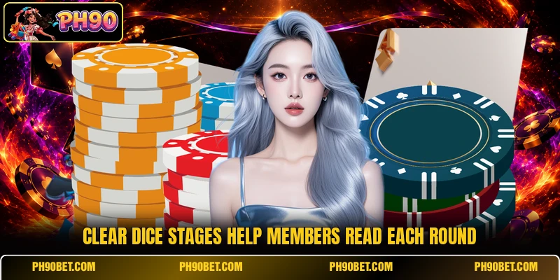 Clear dice stages help members read each round Clear dice stages help members read each round