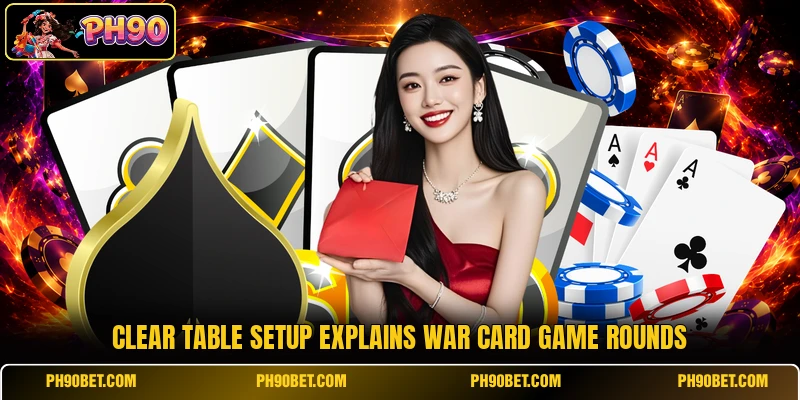 Clear table setup explains War Card Game rounds Clear table setup explains War Card Game rounds