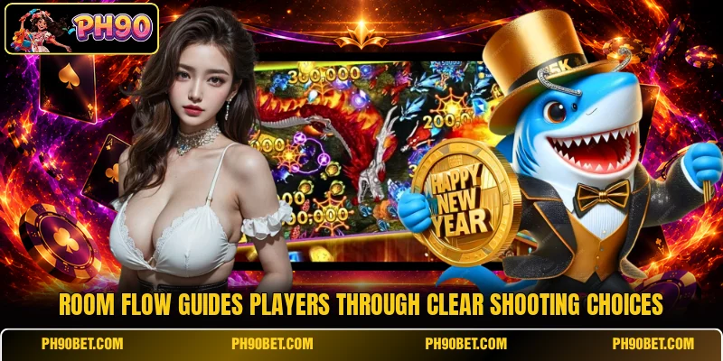 Room flow guides players through clear shooting choices Room flow guides players through clear shooting choices